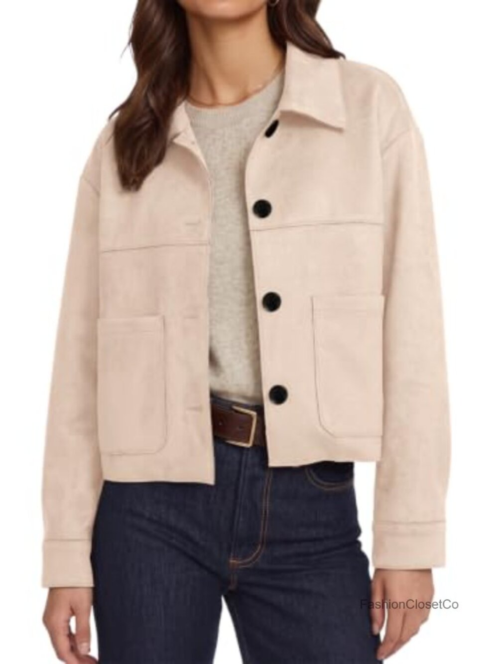 Faux Suede Cropped Bomber Jacket Lightweight Button Down Casual Coat